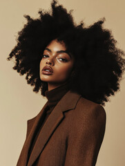 A full-body shot of a model in an earthy-toned tweed and silk outfit, exuding effortless elegance in a minimalist studio setting, with natural Afro curls 