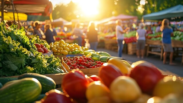 A vibrant farmers market filled with fresh fruits and vegetables, bustling with people and bathed in warm sunlight. Concept Farmers Market Vibes, Fresh Produce Galore, Sunlit Atmosphere