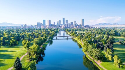 Mid-Morning Aerial View of Downtown Denver, Hazy Blue Sky, River and Bridge Amidst Green Trees, Urban Landscape, Natural Beauty, City Life, Scenic Vista