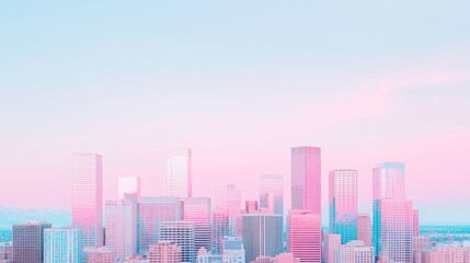 Fototapeta premium Pastel Dreamscape of Denver, an aerial view featuring soft, stylized architecture, whimsical trees, and a vibrant, ethereal sky in soothing pastel hues.
