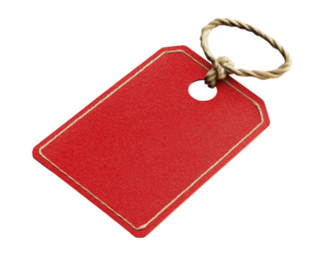 A bright red tag made of sturdy material hangs from a twine loop, perfect for labeling items in stores, workshops, or at home. Its vibrant color adds a pop of visibility and organization