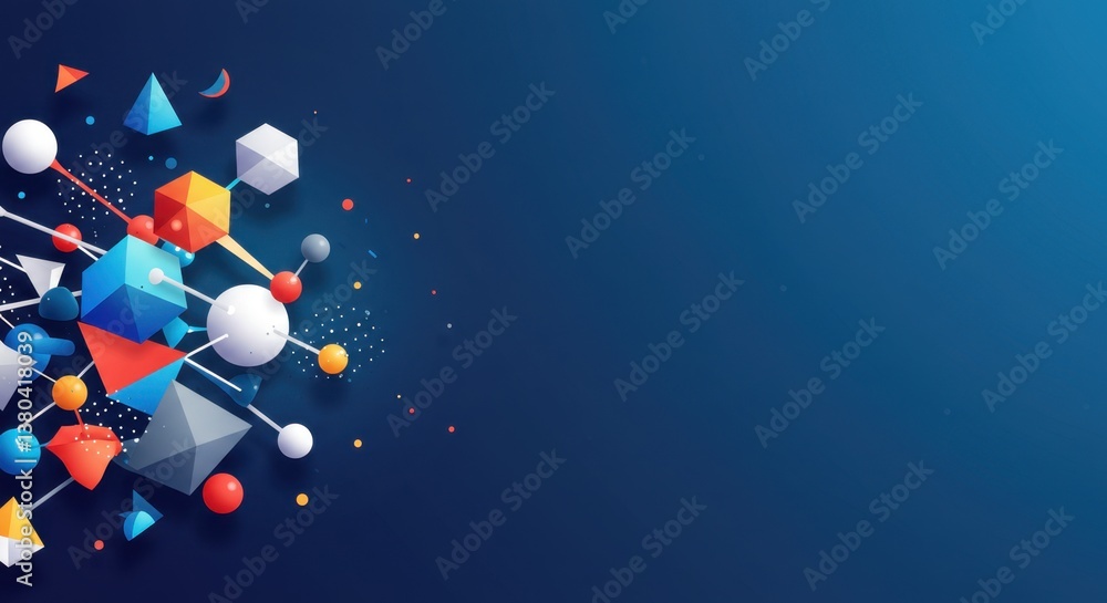 Poster abstract 3d geometric shapes composition: vibrant colors and dynamic forms on a dark blue background