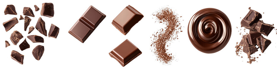 Various forms of dark chocolate are arranged on a white surface, showcasing broken pieces, bars, cocoa powder, and chocolate spread. This visual conveys the versatility and richness of dark chocolate