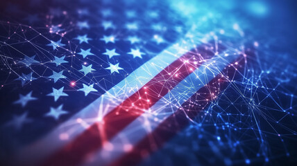 Futuristic digital USA flag with glowing circuit patterns and a connected world map
