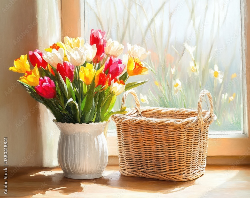 Aufkleber white vase with colorful tulips and daffodils next to empty wicker basket on wooden table