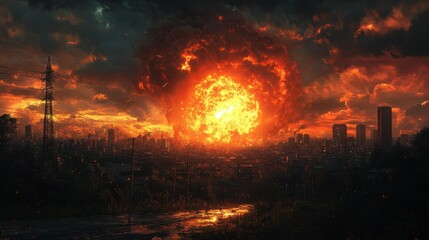 Fototapeta premium Apocalyptic city explosion sunset