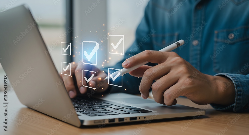 Poster businessperson using laptop computer and stylus to check tasks on digital checklist, online project 
