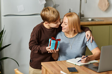 Celebrating special moments with mother and son in a cozy home setting