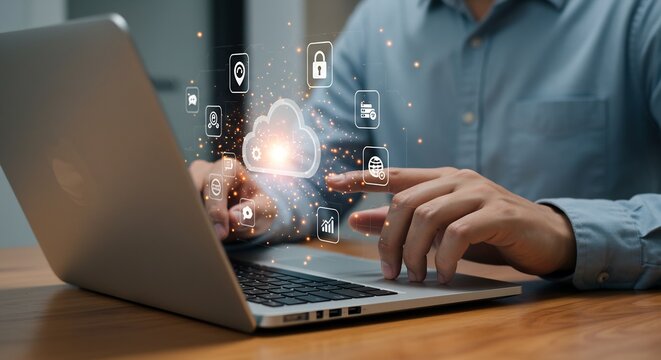 Businessman using laptop computer with cloud computing technology and digital icons interface, network connection concept - Powered by Adobe