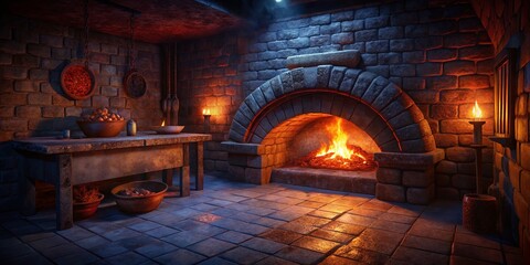 Medieval Brick Wood-Fired Pizza Oven, Fiery Interior, Dark Setting, Baking Bread