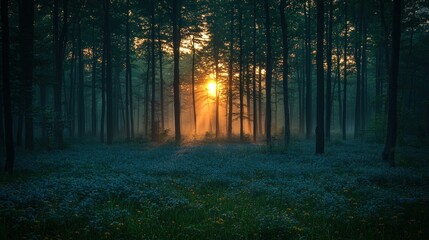 Obraz premium Enchanted Forest Sunrise: A Mystical Dawn in a Bluebell Meadow
