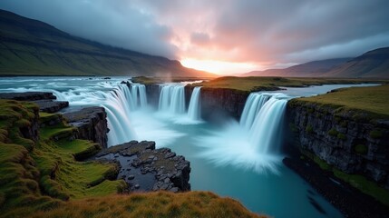 Fototapeta premium Powerful Vøringfossen waterfall at dawn, surrounded by clouds, from an elevated viewpoint.