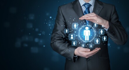 Businessman Protecting Digital Human Resources Network, Concept of HR Management and Employee Care
