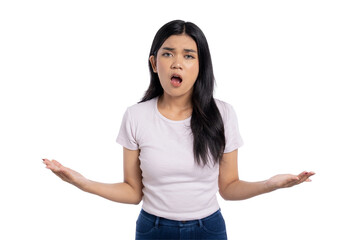 Confused young Asian woman looking frustrated with open mouth and raised hands, expressing...