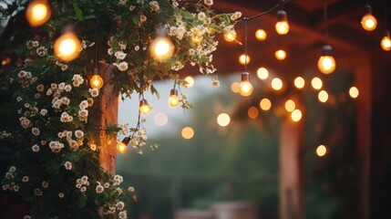 Warm evening lights illuminate blooming flowers in a tranquil garden gathering space