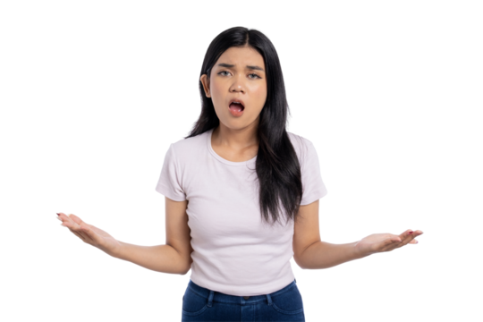Confused young Asian woman looking frustrated with open mouth and raised hands, expressing disbelief or misunderstanding, isolated on transparent background