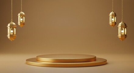 Golden lanterns illuminate a minimalist podium.
