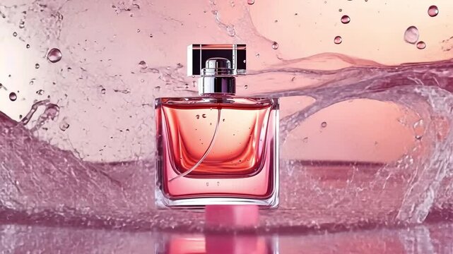 Essence of Elegance: A stunning perfume bottle, radiating sophistication against a backdrop of dynamic water splashes, perfect for conveying luxury and beauty. 