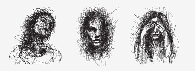 Female portrait . Vector face illustration. Woman drawn with ink. Scribble drawing. Line drawing art. Vector illustration. Line drawn portrait. Hand drawn. Scribble art. Creative drawing. Chaotic line