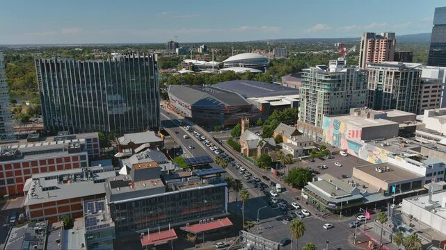 Aerial shot orbiting the city to Hindley Street Adelaide Australia