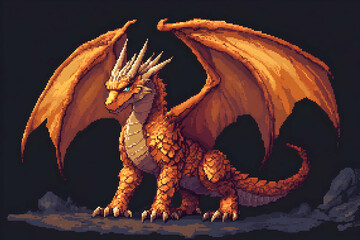 Naklejka premium Majestic orange dragon with wings in pixel art style against dark background