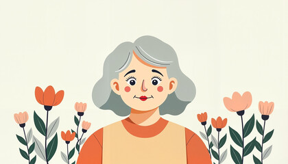 Stylized flowers and person in gray, soft pastel illustration