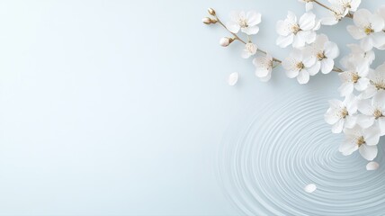 Delicate white blossoms on light blue background with gentle ripples, evoking tranquility and natural beauty.
