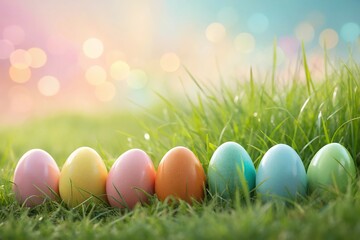 Colorful Easter Eggs in Grass with Bokeh Background, Spring Scene