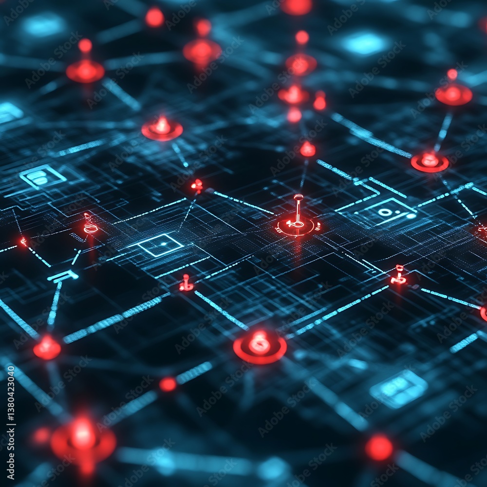 Poster Abstract circuit board network with glowing red points