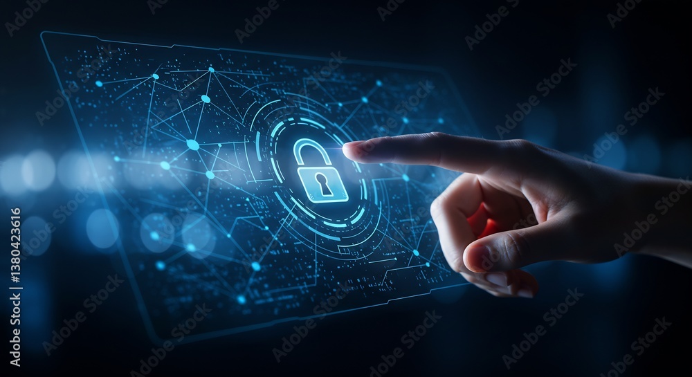 Poster futuristic cybersecurity concept: hand interacting with holographic interface showing a digital lock