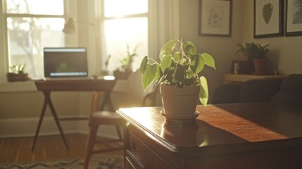 A potted plant sits on a wooden table near a sunny window
