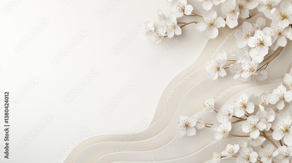 Poster delicate white flowers on an elegant wavy paper background creating a serene and artistic compositio