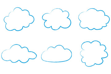 Blue linear clouds hand drawn with chalk. Doodle pencil setch clouds. 