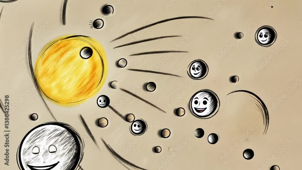 Poster A drawing of a sun with a bunch of smiling faces around it. The faces are in different sizes and are scattered around the sun