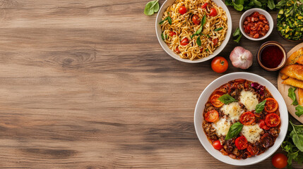 Delicious meal with pasta, salad, and baked dish on wooden table