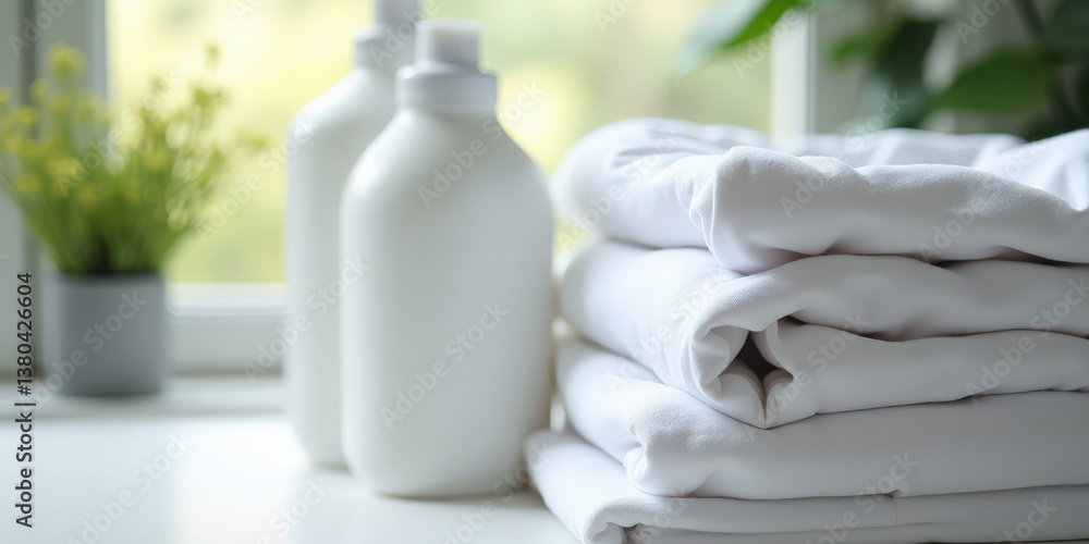 Poster neatly stacked white towels are accompanied by laundry detergent bottles, with a soft background of 