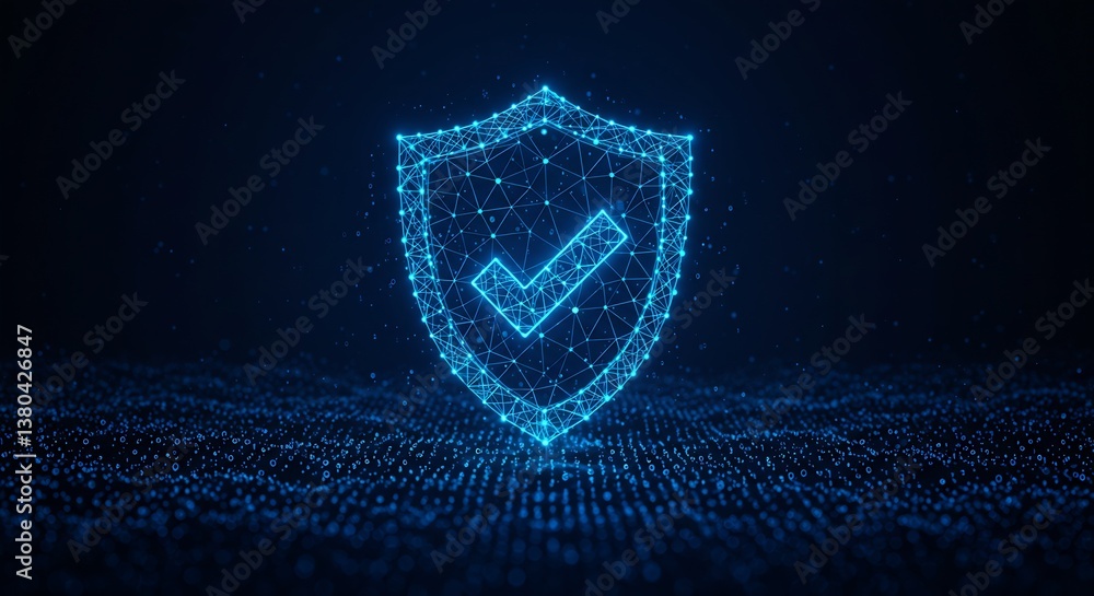 Poster futuristic digital shield with check mark: cybersecurity, data protection, and network security conc