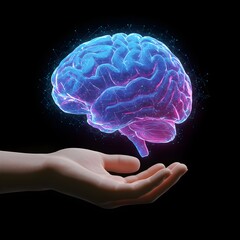 Obraz premium A glowing digital brain in blue and pink hues against black background, symbolizing AI and innovation, ideal for technology themes