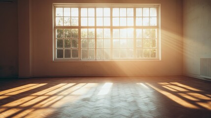 Light streams through a large window into an empty room