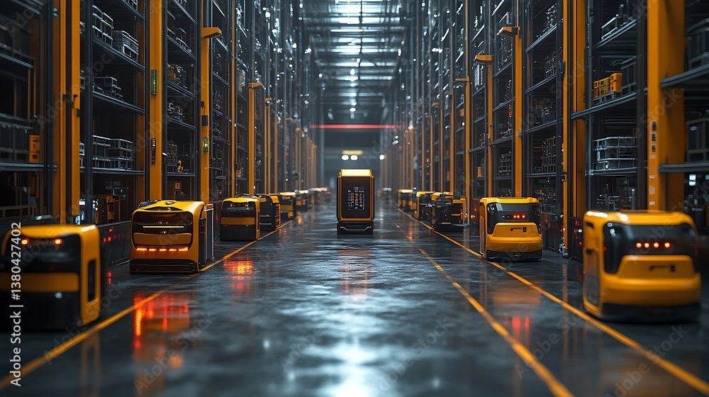 Poster a futuristic warehouse with autonomous drones and robotic machinery, leaving the lower half of the i