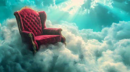 Luxurious red velvet armchair floating on white clouds in a dreamlike sky