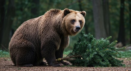 Obraz premium Brown bear holding a small Christmas tree.