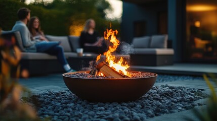Outdoor fire pit with warm flames in a garden patio setting at dusk
