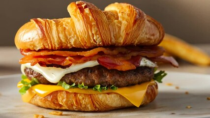 A gourmet burger on a croissant bun, stacked with bacon, egg, cheese, and lettuce.