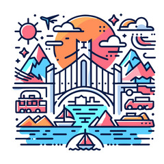 Scenic city landscape with mountains, river, and sunset illustration  