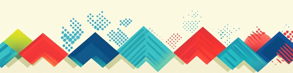 A colorful flat vector composition featuring geometric shapes in blue, red, and bright green