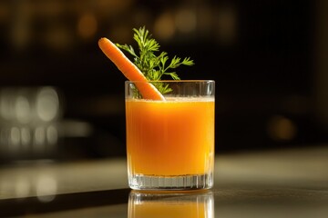 A glass of carrot juice with a carrot garnish on a dark surface with a blurred background image