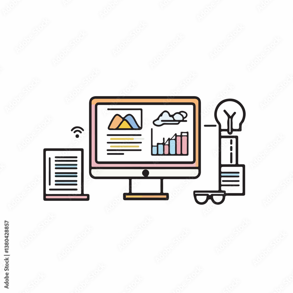Poster computer displays data graphics for presentation illustration concept