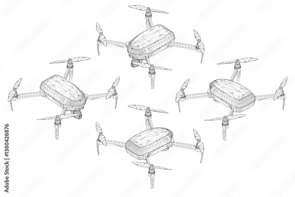 Poster four drones are flying in formation. the drones are all the same size and shape. they are flying in 