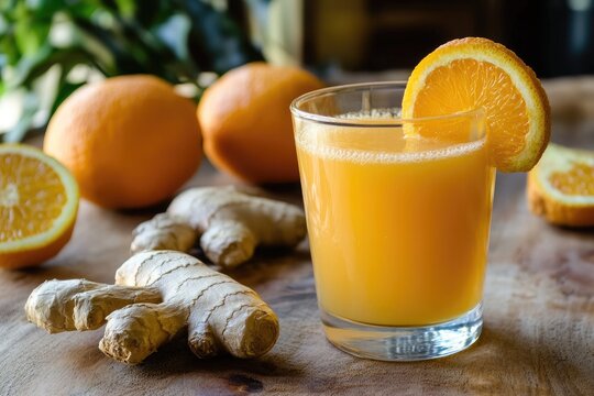 A glass of orange juice with ginger root and orange slices on a wooden surface in soft lighting